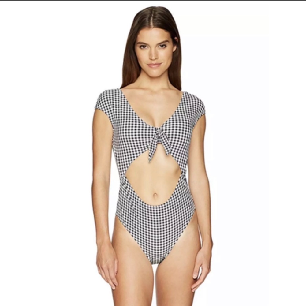Jessica Simpson Gingham Retro Bow Cutout Swimsuit